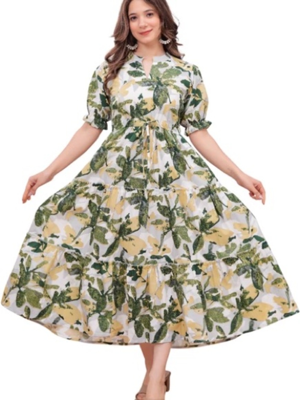 Women’s Green & Yellow Floral Tiered Midi Dress